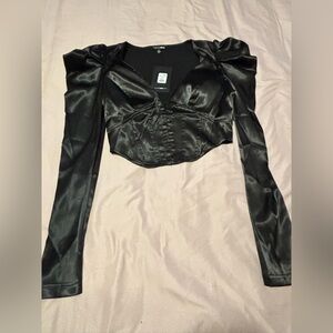 Black Satin Long Sleeve Corset Crop Top